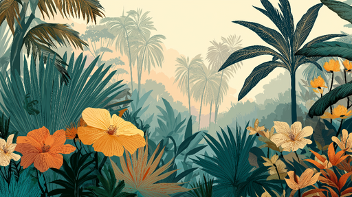 Papier peint tropical Fleurs et feuillages luxuriants dans des nuances chaudes