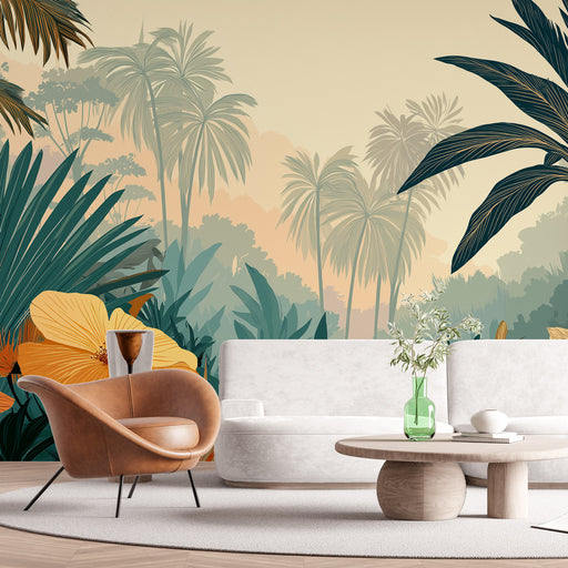 Une pièce moderne avec un papier peint tropical aux grandes feuilles vertes et fleurs orangées, créant une ambiance chaleureuse et apaisante.
