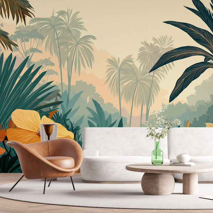 Une pièce moderne avec un papier peint tropical aux grandes feuilles vertes et fleurs orangées, créant une ambiance chaleureuse et apaisante.