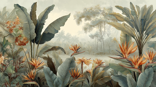 Papier peint tropical Fleurs exotiques et feuillage luxuriant aux teintes douces