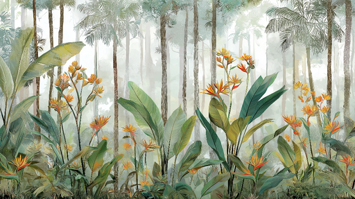 Papier peint tropical Fleurs exotiques et feuillage luxuriant dans un environnement brumeux