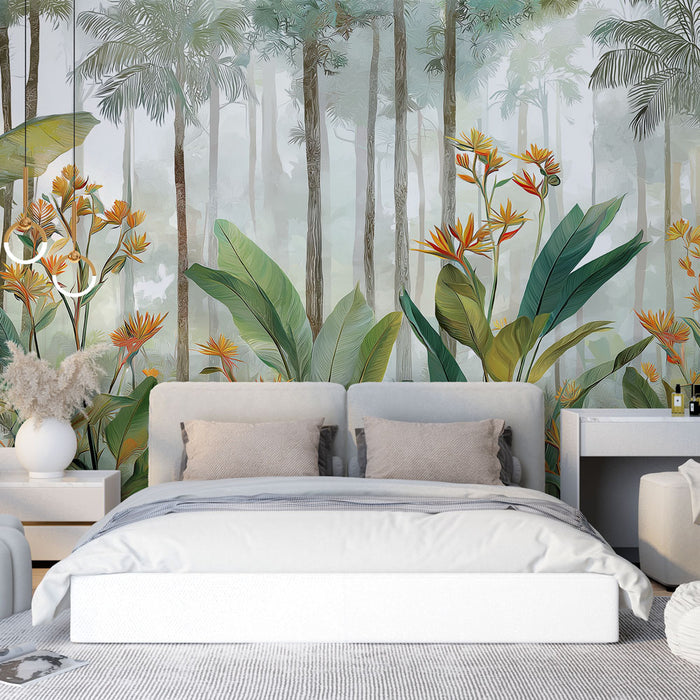 Une chambre élégante avec un papier peint tropical représentant une forêt brumeuse, ornée de grandes feuilles vertes et de fleurs colorées, créant une atmosphère apaisante et naturelle.