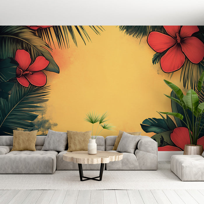 Papier peint tropical | Fleurs rouges et feuillage sur fond jaune