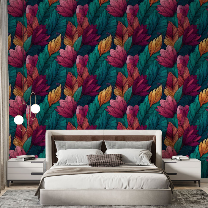 Une chambre moderne avec un papier peint tropical aux motifs floraux vibrants et colorés, évoquant une atmosphère chaleureuse et accueillante.