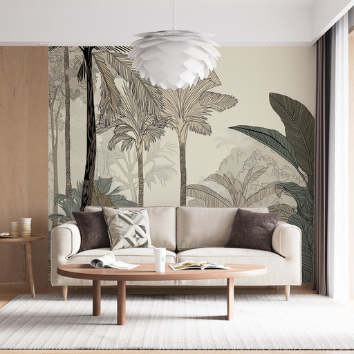 Un salon moderne avec un papier peint tropical représentant des palmiers et des feuilles exotiques aux lignes délicates sur fond clair, créant une ambiance apaisante et naturelle.