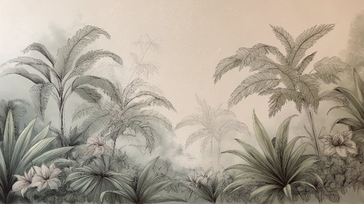 Papier peint tropical Fougères et fleurs délicates sur fond doux