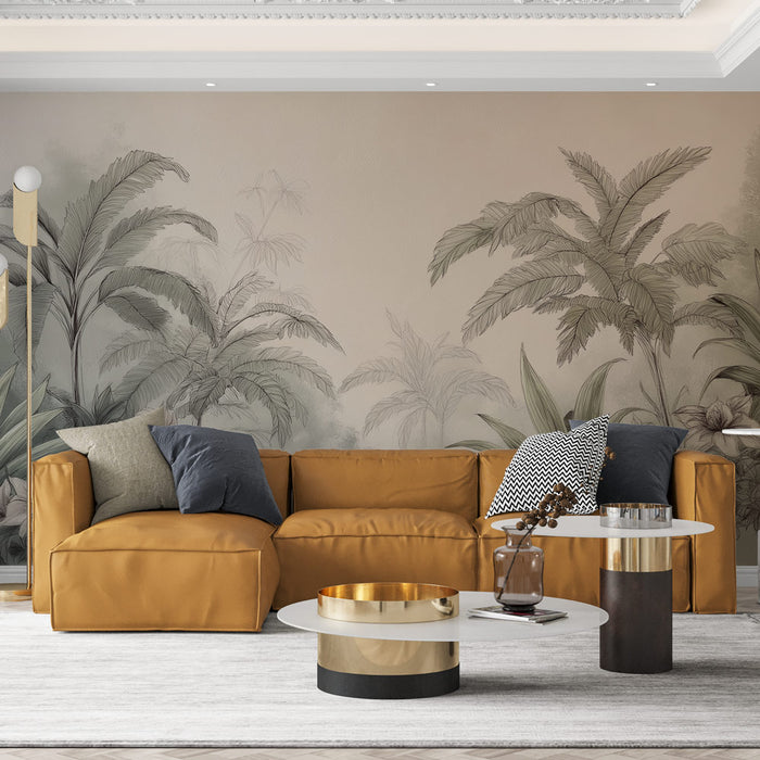 Un salon moderne avec un papier peint représentant des palmiers esquissés dans des teintes douces, créant une atmosphère apaisante et naturelle.