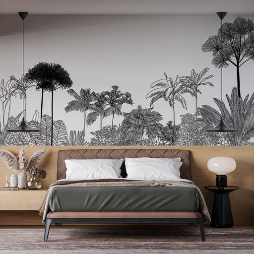 Une chambre moderne avec un papier peint représentant un paysage tropical en noir et blanc, créant une atmosphère élégante et apaisante.