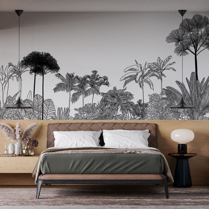Une chambre moderne avec un papier peint représentant un paysage tropical en noir et blanc, créant une atmosphère élégante et apaisante.