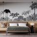 Une chambre moderne avec un papier peint représentant un paysage tropical en noir et blanc, créant une atmosphère élégante et apaisante.