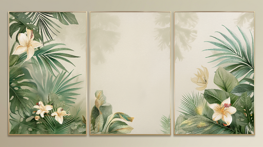 Papier peint tropical imitation tableau Feuillage luxuriant et fleurs délicates