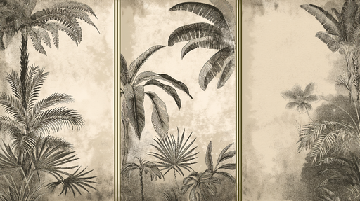 Papier peint tropical imitation tableau Feuillages exotiques en nuances monochromes