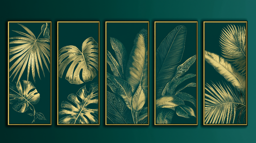 Papier peint tropical imitation tableau Feuilles d'or sur fond vert profond