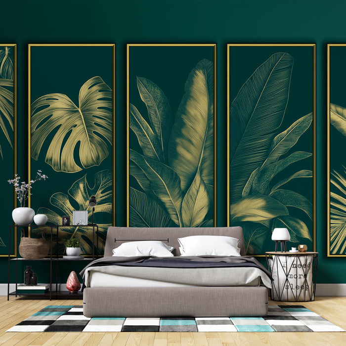 Une chambre moderne avec un papier peint tropical vert foncé illustrant de grandes feuilles dorées, créant une ambiance élégante et apaisante.