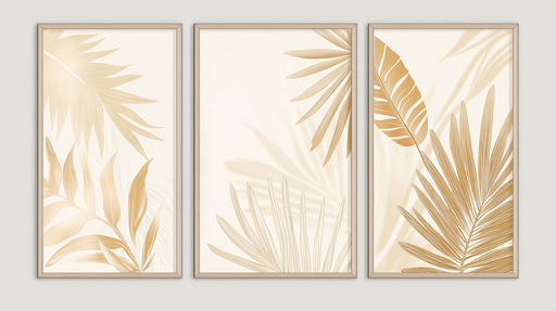 Papier peint tropical imitation tableau Motifs de feuilles dorées sur fond crème