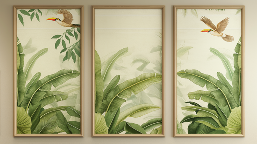 Papier peint tropical imitation tableau Oiseaux et feuillage luxuriant