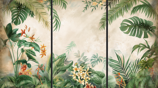 Papier peint tropical imitation tableau Un havre de paix avec des motifs de feuillage luxuriant et des fleurs exotiques