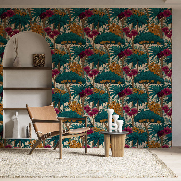 Une pièce moderne avec un papier peint tropical vibrant aux motifs de palmiers et de fleurs colorées, créant une atmosphère chaleureuse et accueillante.