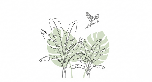 Papier peint tropical minimaliste Feuilles stylisées et un oiseau coloré