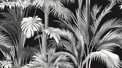 Papier peint tropical monochrome Motifs de feuillage en noir et blanc sur fond sombre
