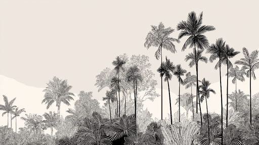 Papier peint tropical monochrome Palmiers et feuillages en relief sur fond neutre