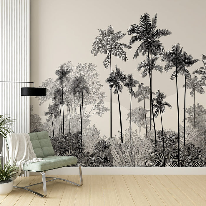 Papier peint tropical monochrome | Palmiers et feuillages en relief sur fond neutre