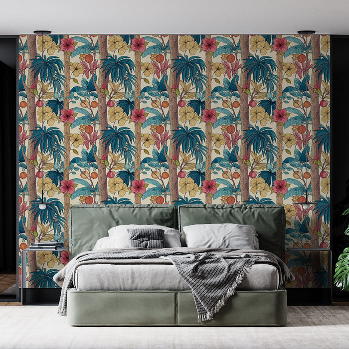 Une chambre moderne avec un papier peint tropical aux motifs colorés de fleurs et de palmiers sur fond beige, créant une atmosphère chaleureuse et vivante.