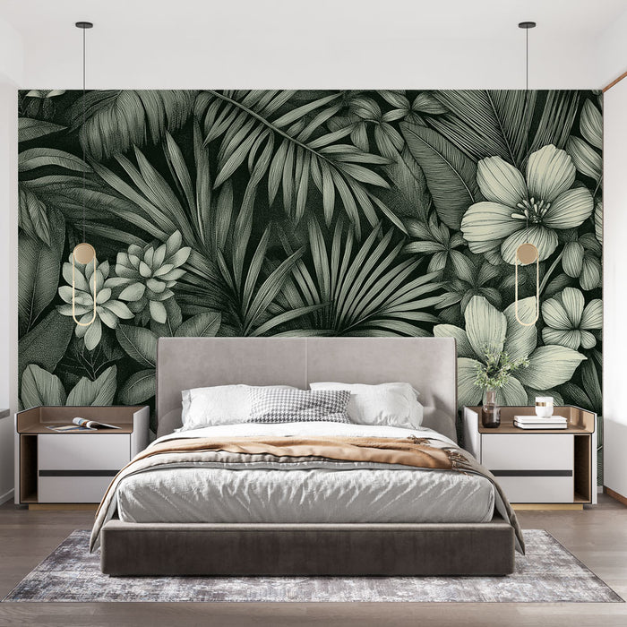 Papier peint tropical | Motif botanique en nuances de vert et blanc