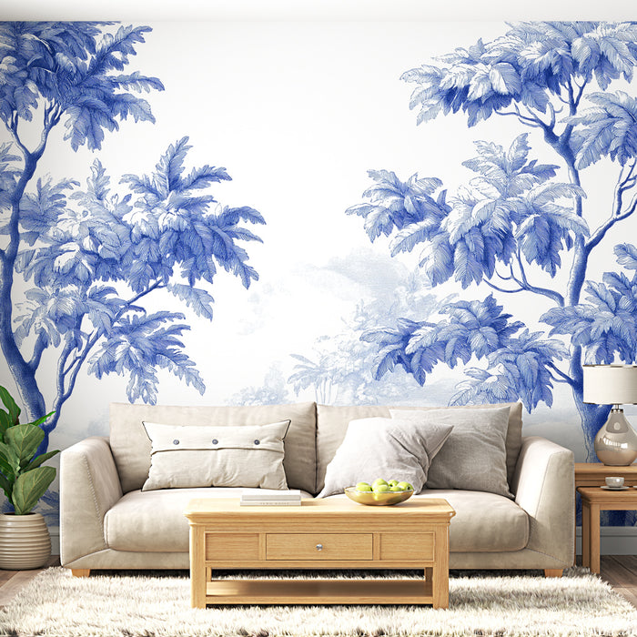 Papier peint tropical | Motif de feuillage bleu et blanc