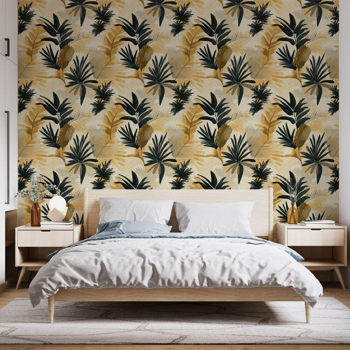 Une chambre moderne avec un papier peint tropical aux motifs de grandes feuilles vertes et dorées sur fond beige, créant une atmosphère chaleureuse et apaisante.