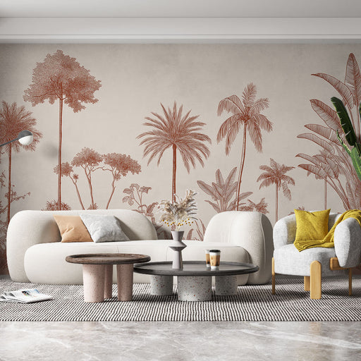 Un salon moderne avec un papier peint tropical aux motifs de palmiers et de feuillages dans des teintes terracotta, créant une ambiance chaleureuse et accueillante.