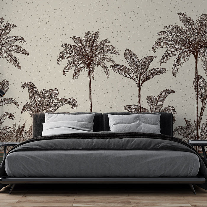 Papier peint tropical | Motif de palmiers et feuillages délicats dans des tons brun et crème