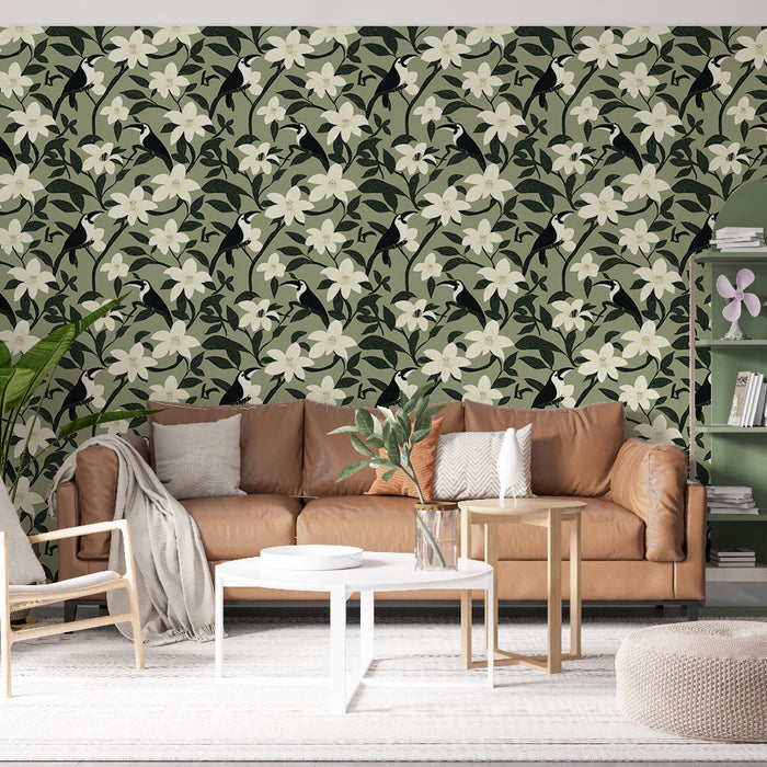 Un salon chaleureux avec un papier peint floral aux motifs de fleurs blanches et d'oiseaux sur fond vert, créant une atmosphère naturelle et apaisante.