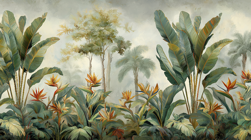 Papier peint tropical Motif luxuriant de plantes exotiques et palmiers apaisants