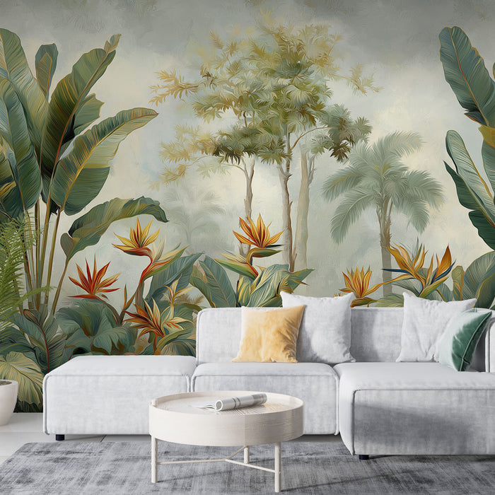 Un salon moderne avec un papier peint tropical aux motifs luxuriants de feuillages verts et de fleurs exotiques orange, créant une atmosphère apaisante et vivante.