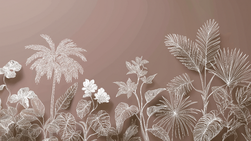 Papier peint tropical Motifs botaniques délicats en contours blancs sur un fond rose