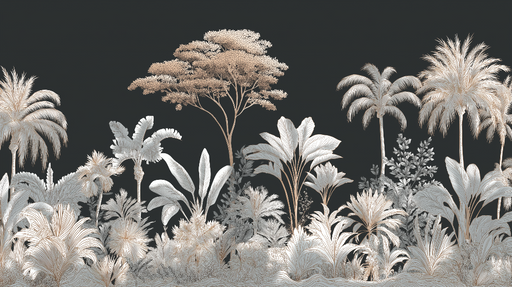 Papier peint tropical Motifs botaniques en nuances d'or et de gris sur fond sombre