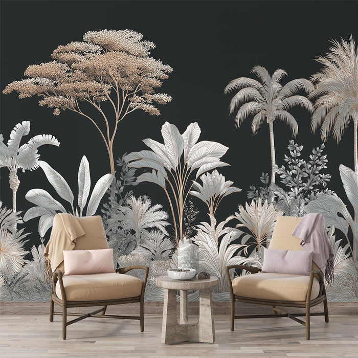 Une pièce moderne avec un papier peint tropical aux motifs de feuillages stylisés en beige et blanc sur fond noir, créant une atmosphère élégante et apaisante.