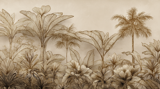 Papier peint tropical Motifs de feuillage doré sur fond beige