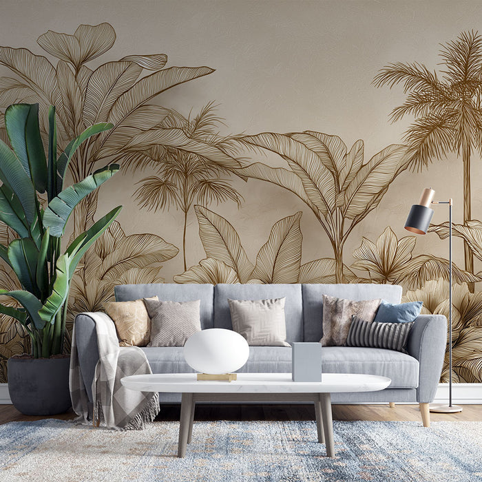 Un salon moderne avec un papier peint représentant des palmiers et des feuilles exotiques aux lignes dorées sur fond beige, créant une ambiance chaleureuse et apaisante.