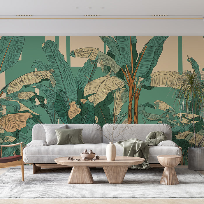 Papier peint tropical | Motifs de feuilles de bananier dans des teintes apaisantes