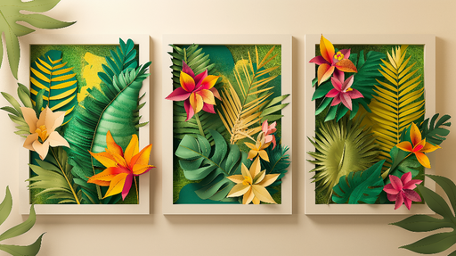 Papier peint tropical Motifs de fleurs et feuillages colorés en papier découpé