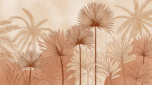 Papier peint tropical Motifs de palmiers et de feuilles dans des tons chauds