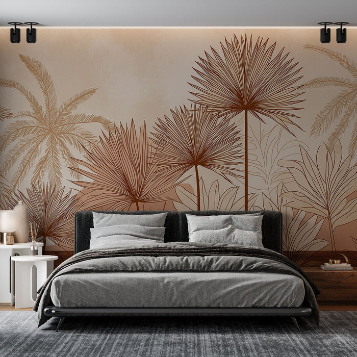 Papier peint tropical | Motifs de palmiers et de feuilles dans des tons chauds