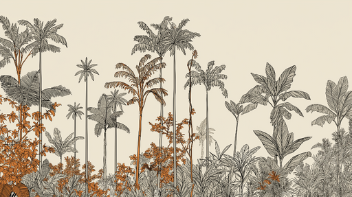 Papier peint tropical Motifs de palmiers et fleurs dans des teintes chaudes