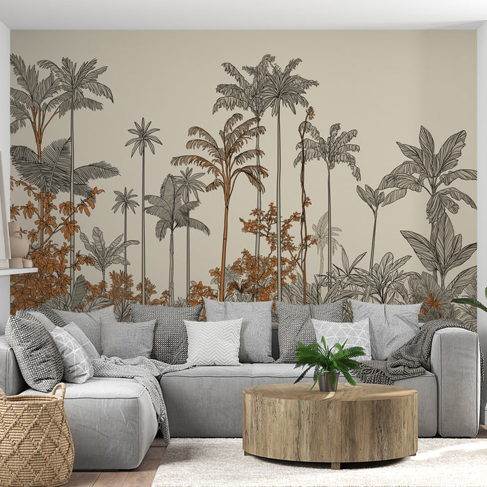 Un salon moderne avec un papier peint tropical beige illustrant des palmiers et des feuillages en noir et orange, créant une ambiance chaleureuse et accueillante.