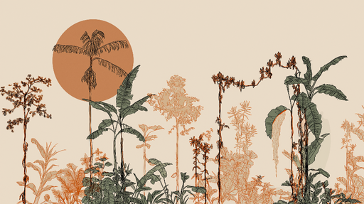 Papier peint tropical Motifs de plantes exotiques avec soleil orange