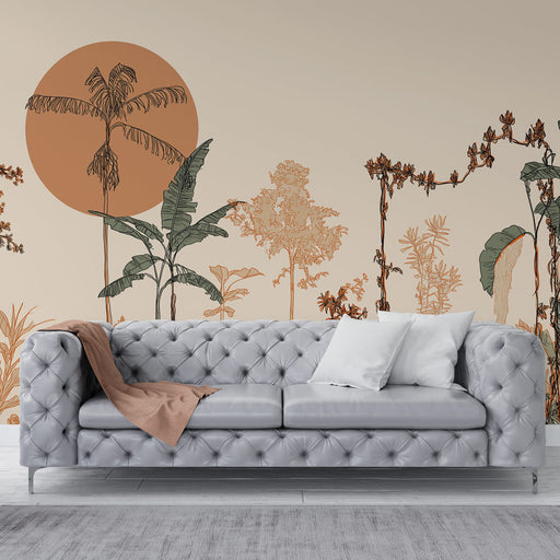 Un salon élégant avec un papier peint tropical aux motifs de plantes stylisées en teintes terreuses et un grand soleil orange, créant une atmosphère chaleureuse et apaisante.