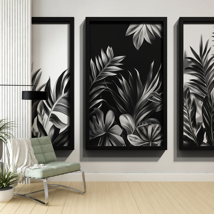 Un salon moderne avec un papier peint noir et blanc représentant des feuilles tropicales stylisées, créant une atmosphère élégante et artistique.