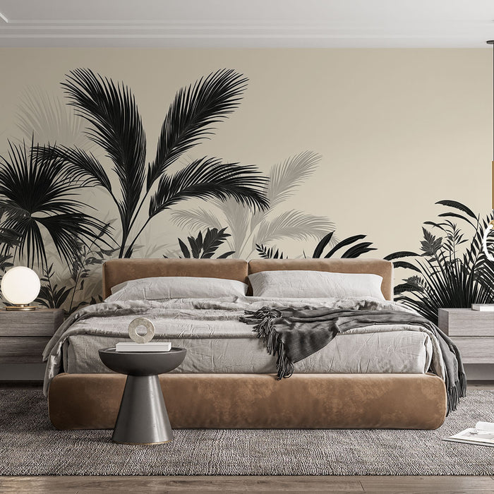 Papier peint tropical noir et blanc | Motifs de feuillage délicats sur fond doux